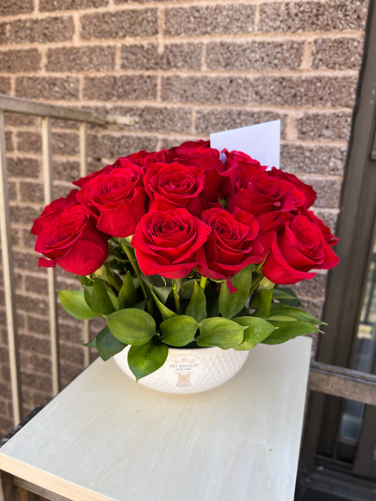 bouquet of wonderful red roses in pot beautiful composition flower design perfect gift luxury flower bouquet bespoke flowers lovely near me same day delivery