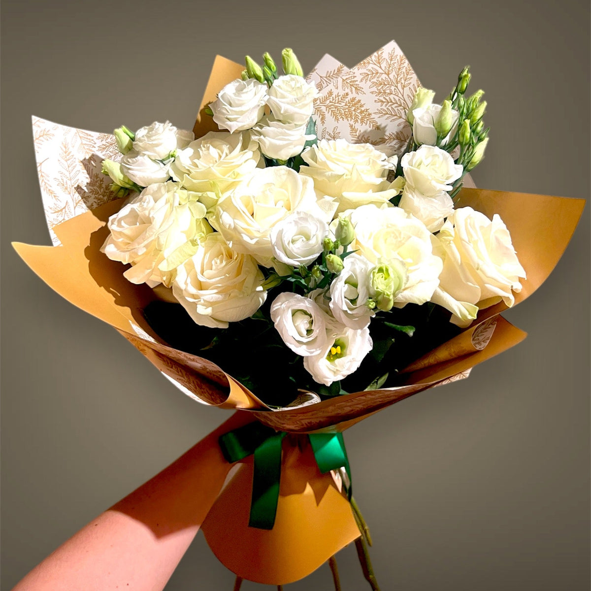 GOLDEN GLOW — white roses with lisianthus in gold wrapping, elegant gift delivery Montreal