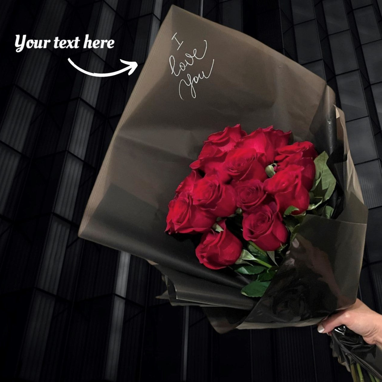 PERSONALIZED ROSES — custom red rose bouquet in black paper, Art Bouquet Montreal