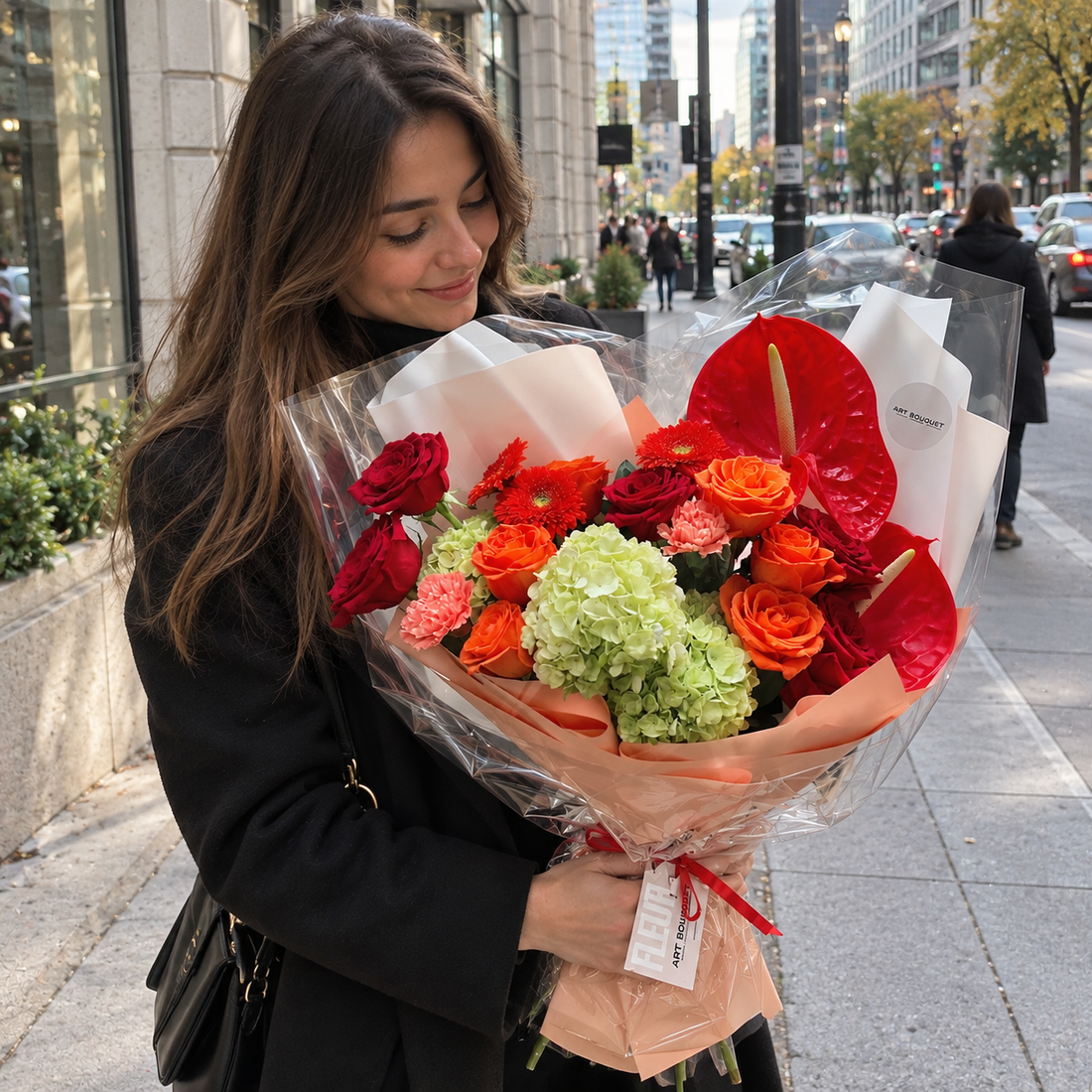 Woman holding the BRIGHT & JUICY autumn bouquet of red anthurium, orange roses and green hydrangea on a Montreal street in fall, Art Bouquet flower delivery