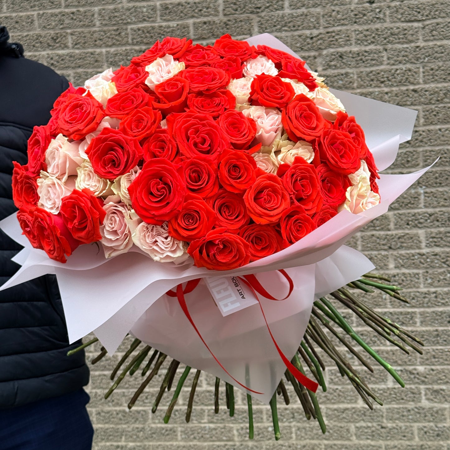 Blushing Flame - grand red and blush rose bouquet by Art Bouquet Montreal