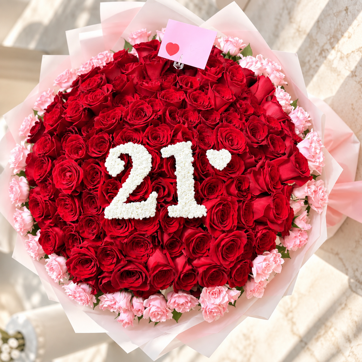 THE MILESTONE custom number bouquet with red roses, pink flowers and white floral 21, Montreal flower delivery
