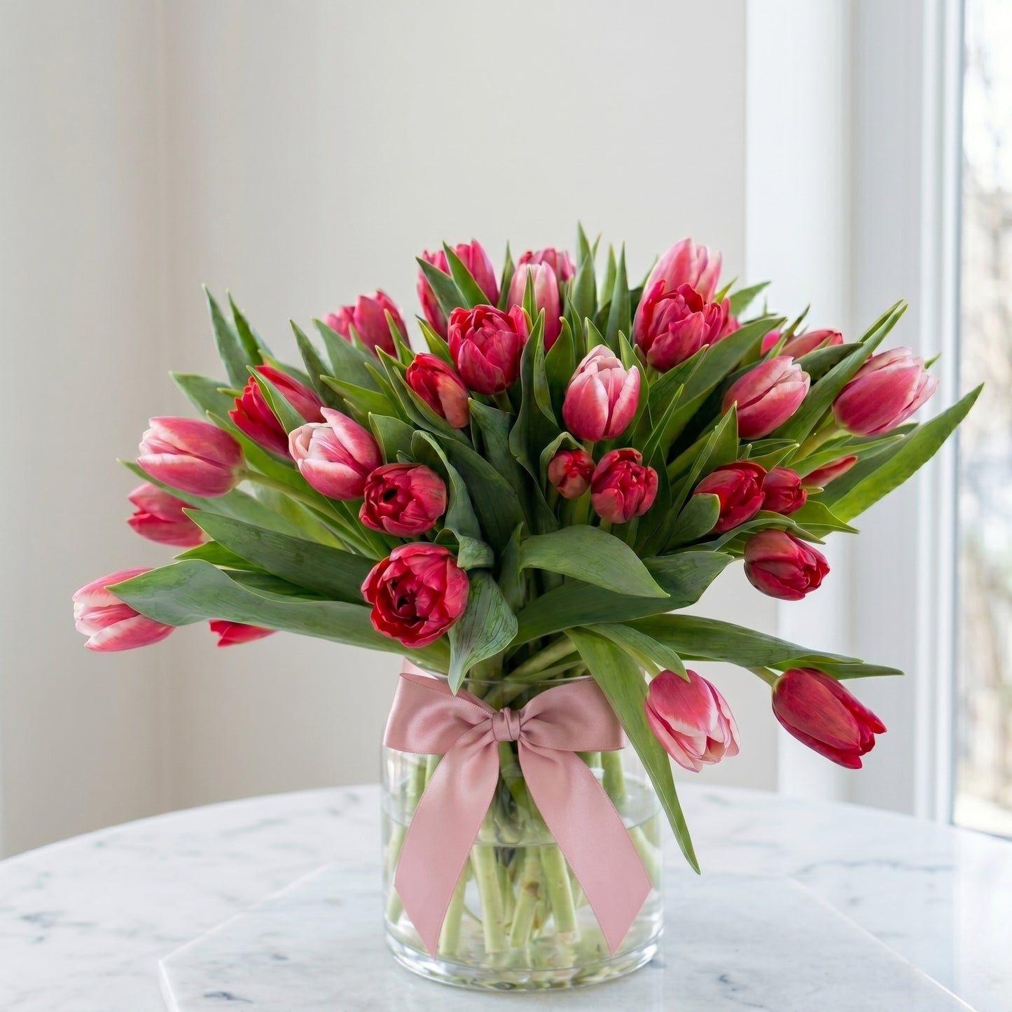 TULIP BLUSH — 21 pink and red premium tulips in a glass vase with pink satin bow, by ART BOUQUET Montreal