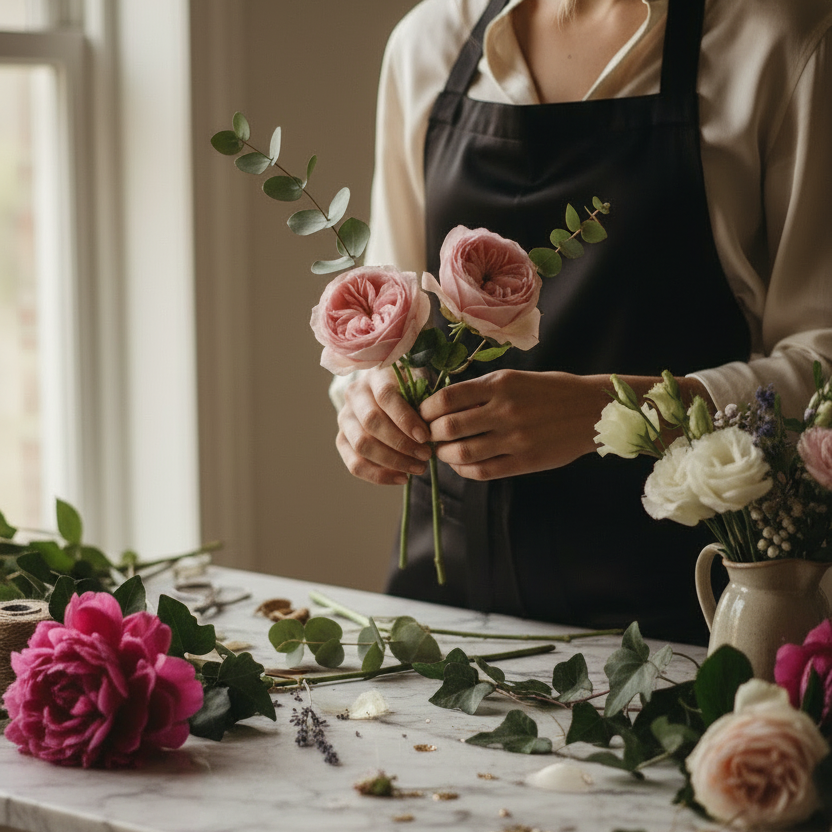 A woman wearing a black apron over a cream blouse stands at a marble worktable, holding a small bouquet of pink roses and greenery. The table is scattered with flower stems, petals, and small gold pieces, with additional blooms and a white pitcher visible in a softly lit indoor setting.