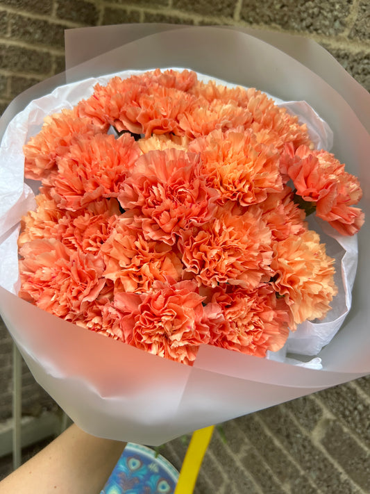 Peach orange carnation bouquet wrapped in white, perfect for flower delivery in Montreal
westmount flowers nuns' island ile des soeurs brossard ville marie old port montreal candiac griffintown 