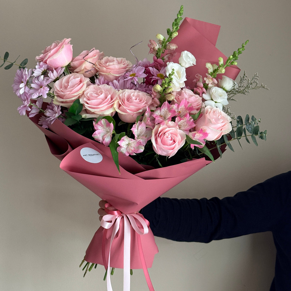 PINK MEADOW — pink roses, alstroemeria and snapdragons bouquet in dusty rose wrap, flower delivery Montreal