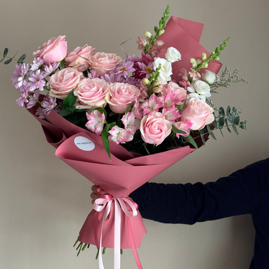 PINK MEADOW — pink roses, alstroemeria and snapdragons bouquet in dusty rose wrap, flower delivery Montreal