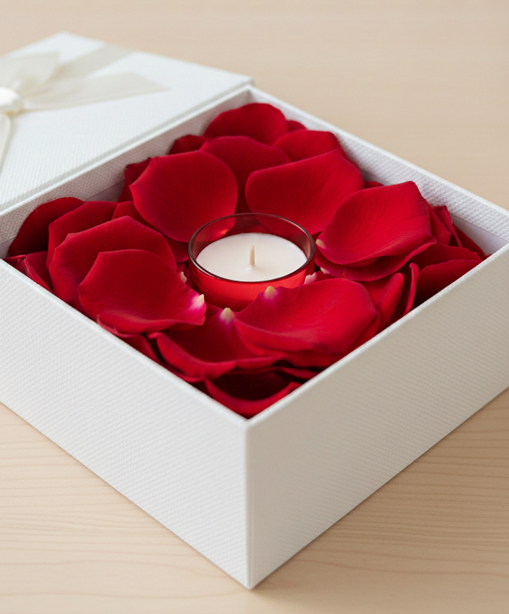 White box with red rose petals and a candle inside.