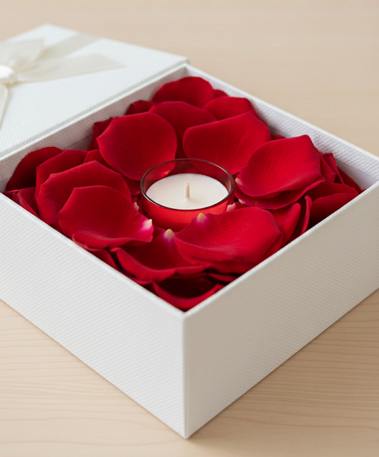 White box with red rose petals and a candle inside.
