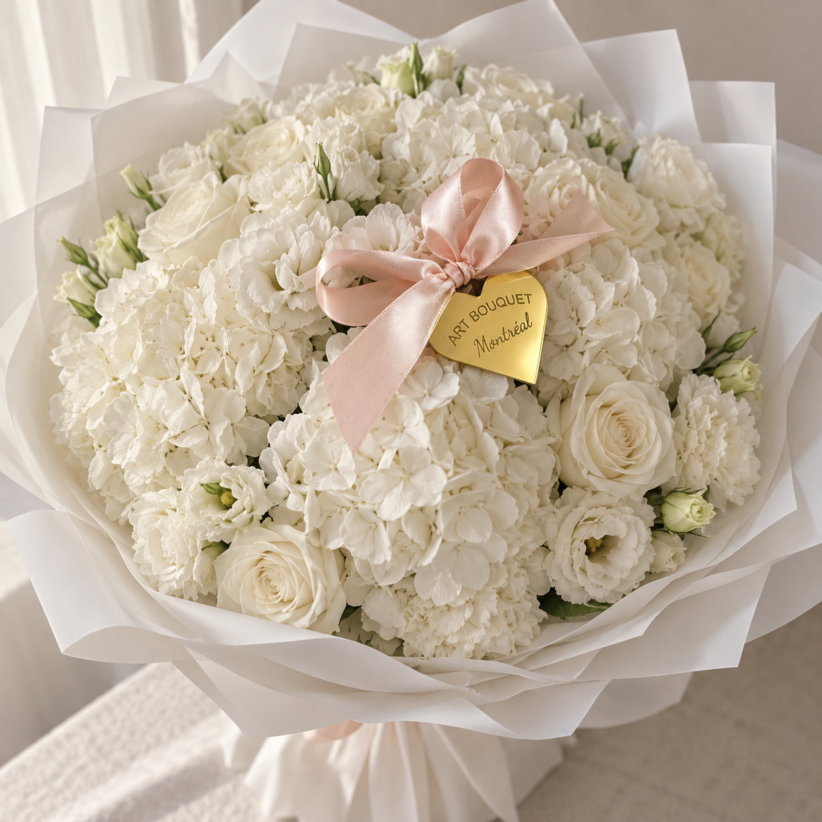 A large white floral bouquet wrapped in white tissue paper, featuring white roses, hydrangeas, and lisianthus with a light pink satin ribbon and a small gold heart-shaped tag that reads 'ART BOUQUET Montreal. Online flower shop, same-day delivery.
