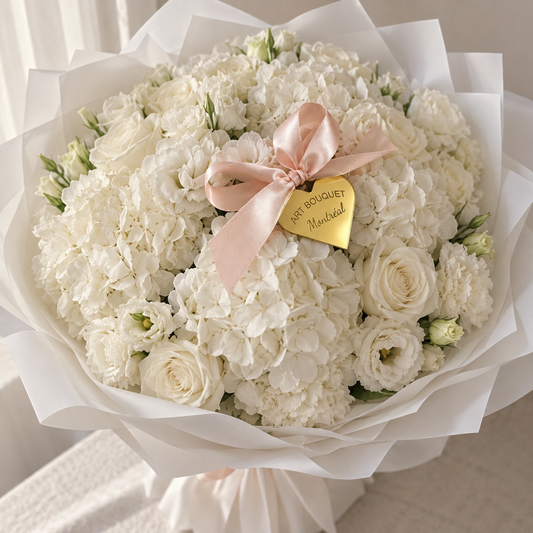 A large white floral bouquet wrapped in white tissue paper, featuring white roses, hydrangeas, and lisianthus with a light pink satin ribbon and a small gold heart-shaped tag that reads 'ART BOUQUET Montreal. Online flower shop, same-day delivery.
